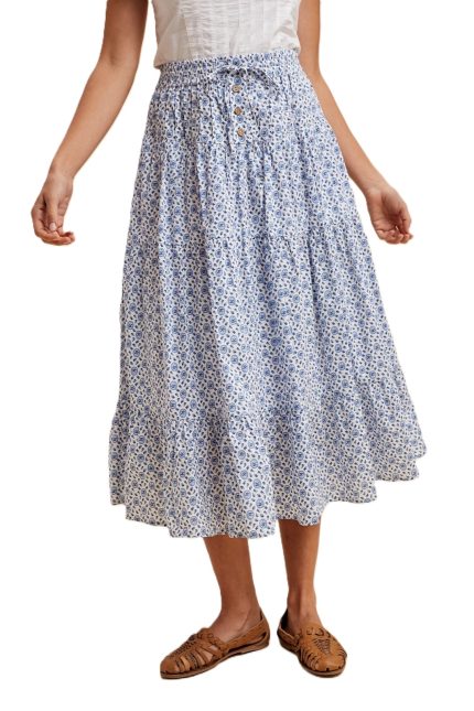 Ditsy Boho Print Button-down Tiered Midi Skirt