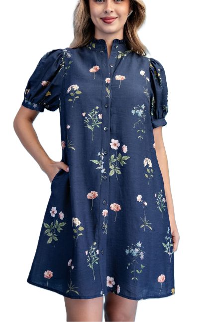 Crinkled Floral Print Button Down Dress