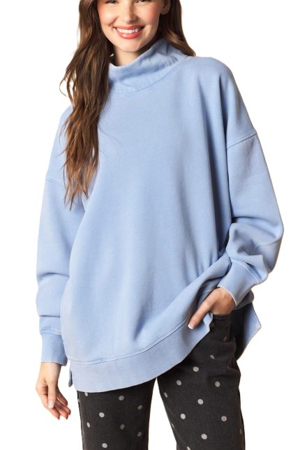 Garment Dye Washed Mock Neck Heavy Terry Sweatshirt
