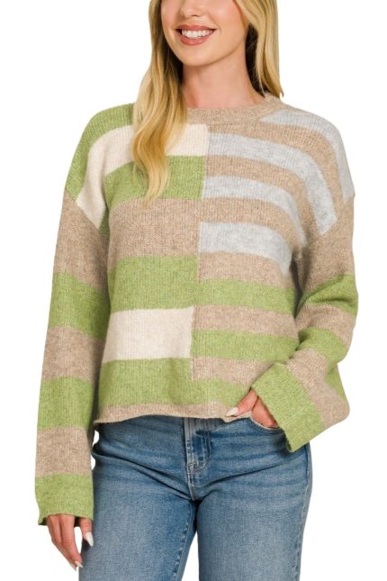 Lightweight Wool Blend Color Block Sweater