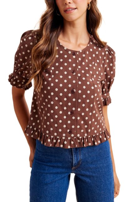 Polka Dot Puff Sleeve Button Down Blouse