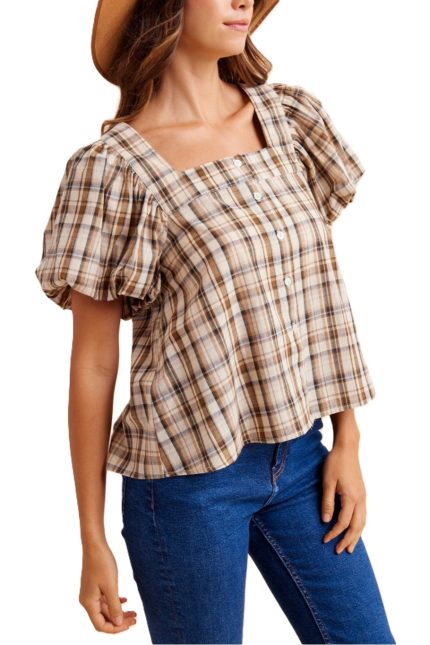 Plaid Square Neck Button Down Blouse