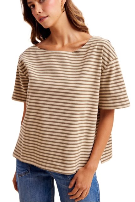 Soft Brushed Striped Off Shoulder Relaxed Top
