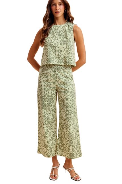 Tile Floral Print Linen Sleeveless Top And Wide-leg Pants Set