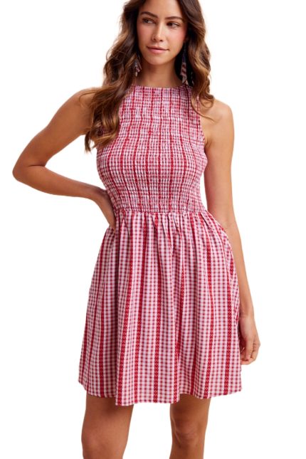 Gingham Sleeveless Smocked Bodice Mini Dress