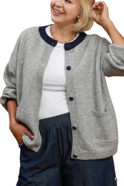 Plus Contrast Trim Button Down Knit Cardigan