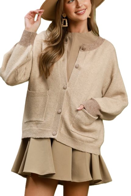 Contrast Trim Button Down Knit Cardigan