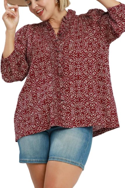 Plus Floral Print Ruffle Detail Button Down Top
