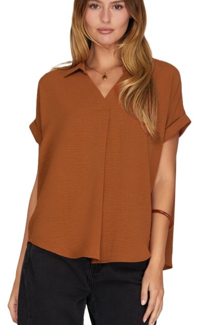 Drop Shoulder Collared Woven Top