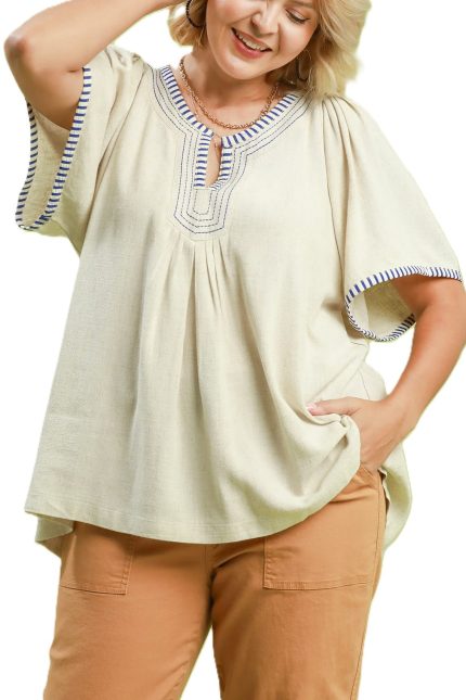 Plus Contrast Trim Flutter Sleeve Babydoll Top
