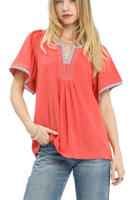Contrast Trim Flutter Sleeve Babydoll Top