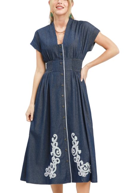 Embroidered Chambray Midi Dress