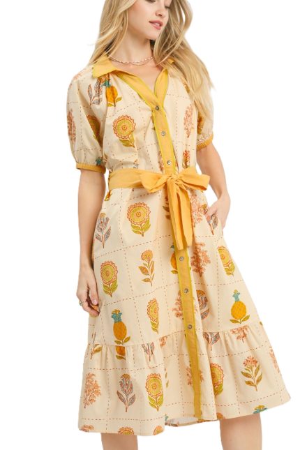 Blossom Stitch Print V-neck Midi Dress