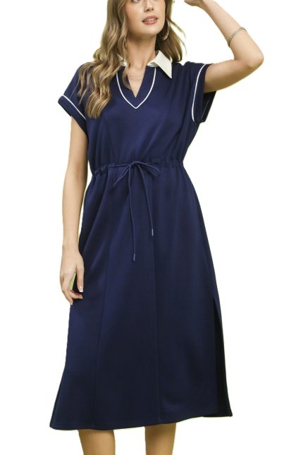 Contrast Trim Collared Midi Dress
