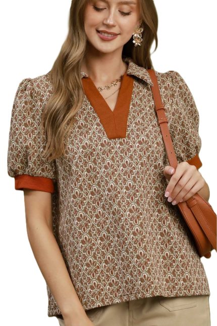 Printed Collared Puff Sleeve Top