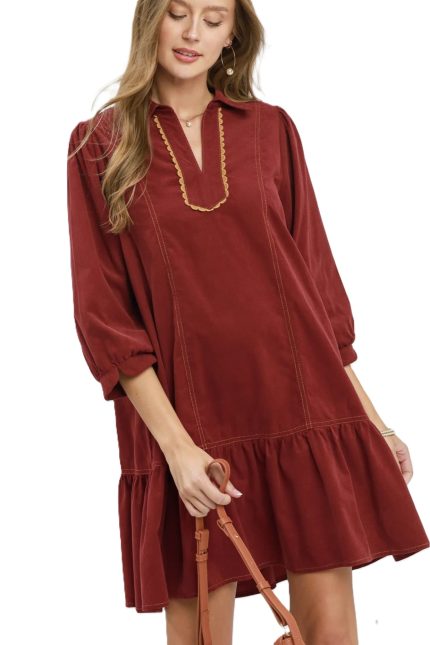 Corduroy Contrast Trim Tiered Babydoll Dress