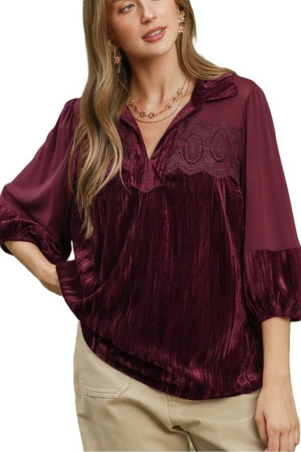 Velvet Lace Detail Mixed Fabric Blouse