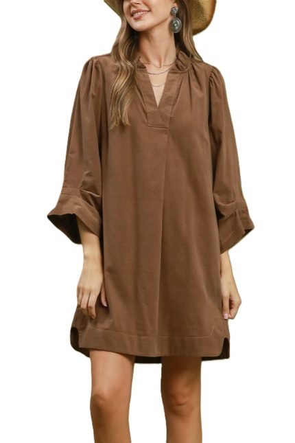 Corduroy Split Neck Puff Sleeve Shift Dress