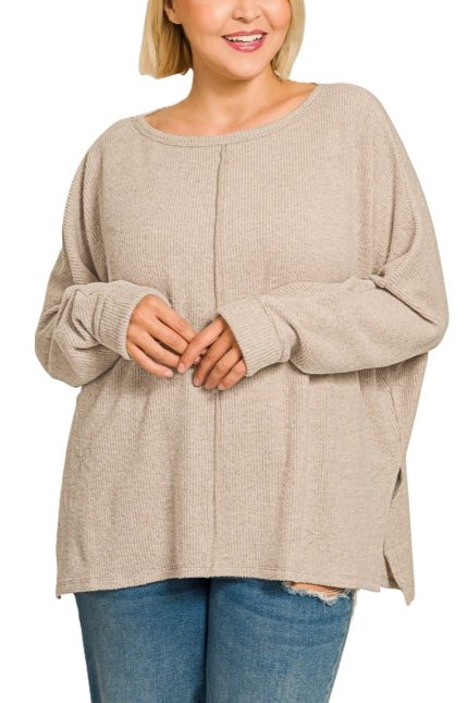 Plus Ribbed Center Seam Dolman Sleeve Top