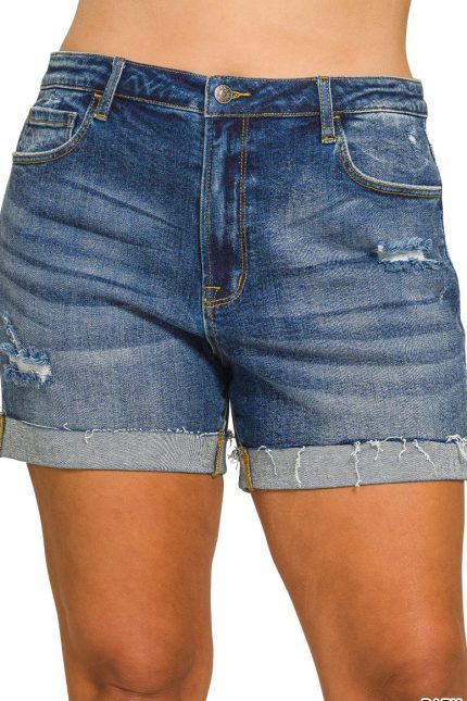 Plus Distressed Cuffed Raw Hem Denim Shorts