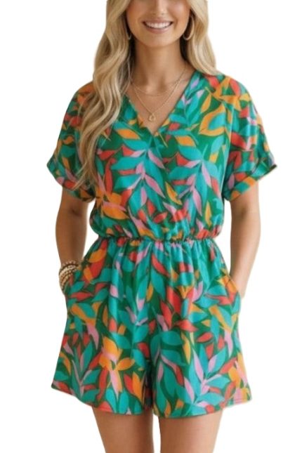 V Neck Surplice Look Tropical Floral Romper