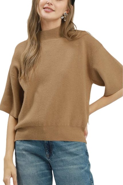 Mock Neck Short Sleeve Knit Sweater