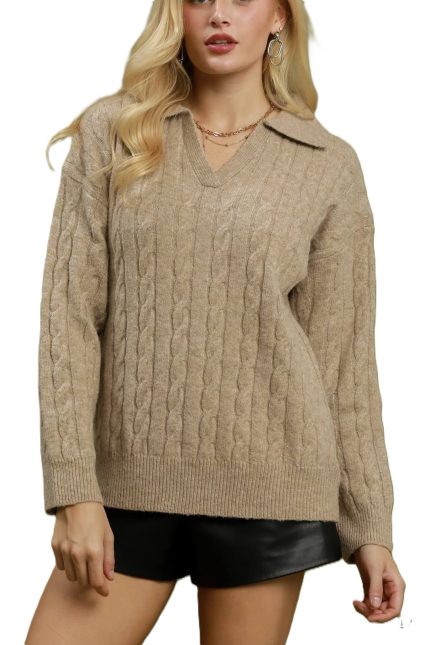 Cable Knit Collared V-neck Sweater