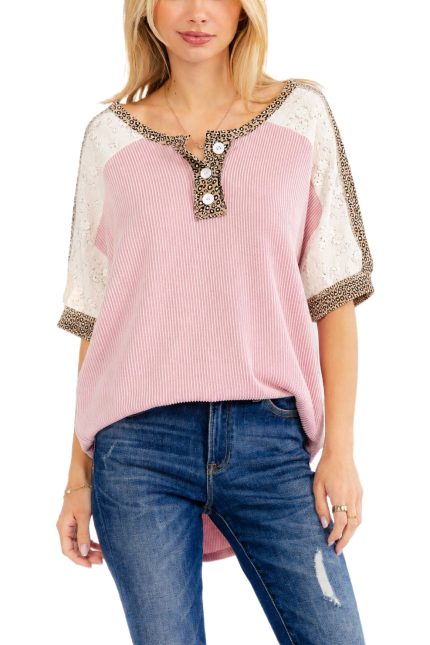 Leopard Lace Contrast Henley Top