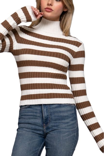 Long Slv Mock Neck Stripe Sweater