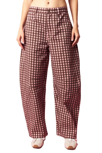 Washed Gingham Printed Twill Barrel Pants