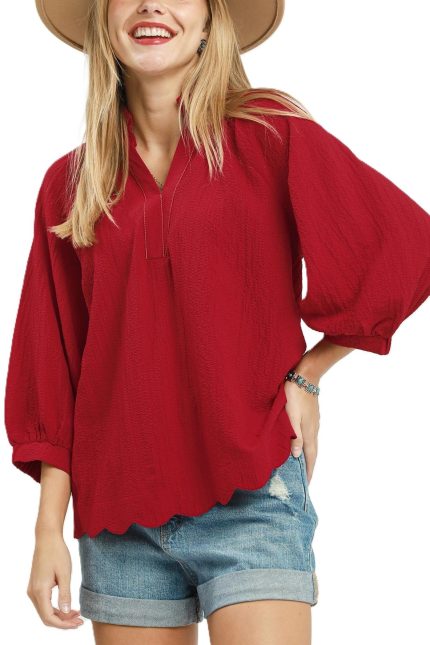 Scallop Hem Balloon Sleeve Blouse