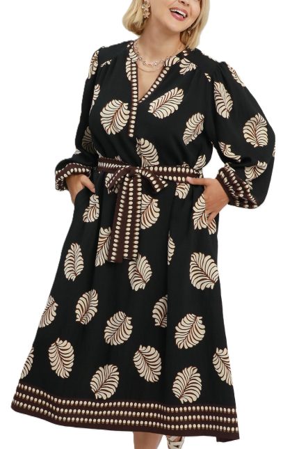 Plus Mix Leaf Print Belted Midi Dress