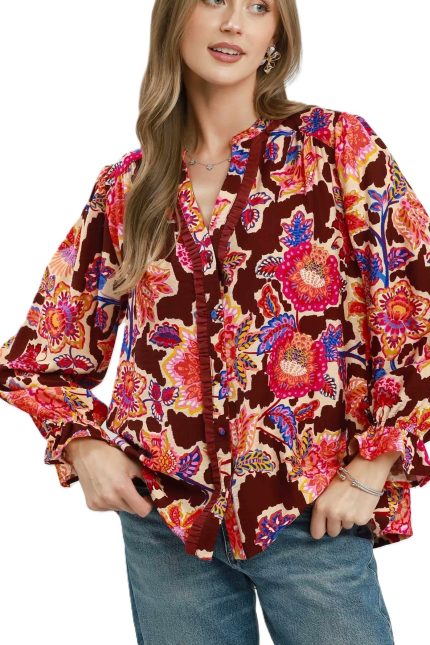 Mixed Floral Print Button Down Blouse