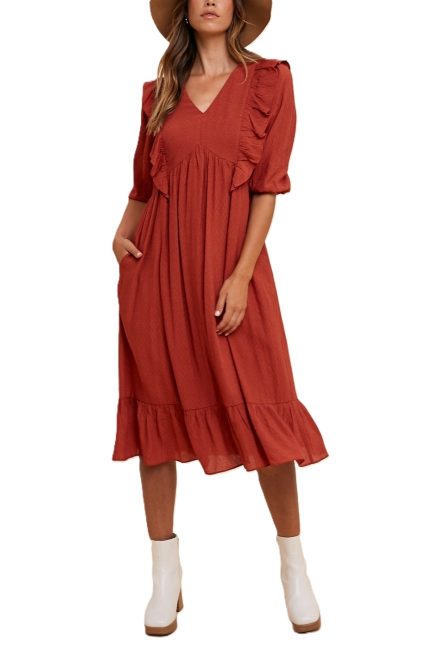 Tencel Ruffle Detail Babydoll Midi Dress