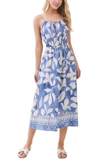 Print Smocked Waist Midi Dress