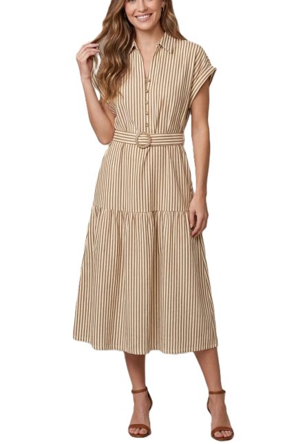 Striped Collared Button Up Belted Midi Dress