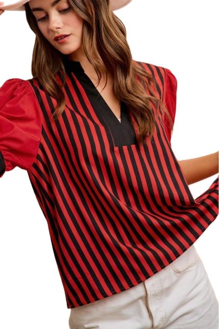 Gameday Theme Striped Woven Blouse Top