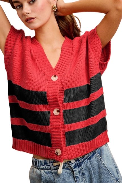 Stripe Buttoned V Neck Knit Top