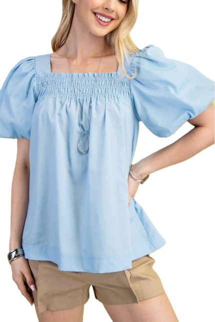 Smocked Short Puff Sleeve Top