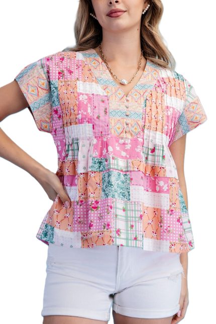Patchwork Print Half-button Blouse