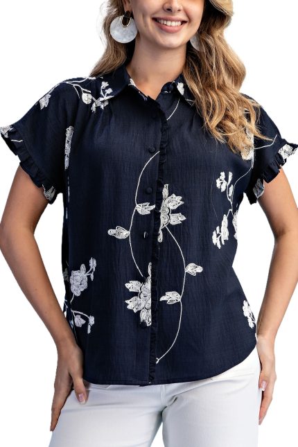 Floral Embroidered Button Down Blouse