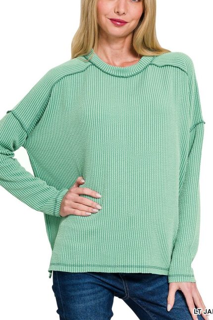 Raised Rib Raw Edge Boat Neck Long Sleeve Top
