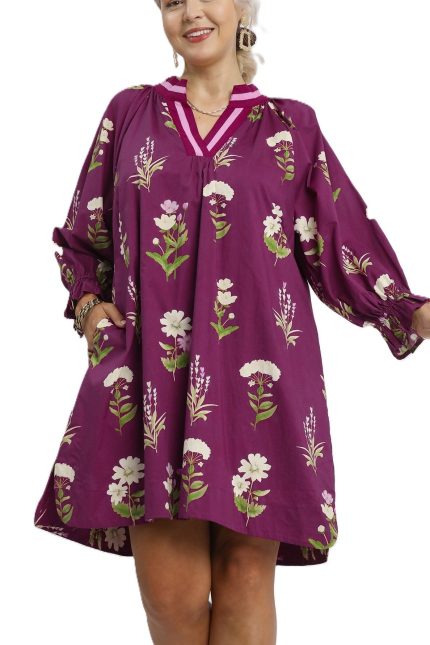 Plus Floral Tunic Dress With Contrast Trim