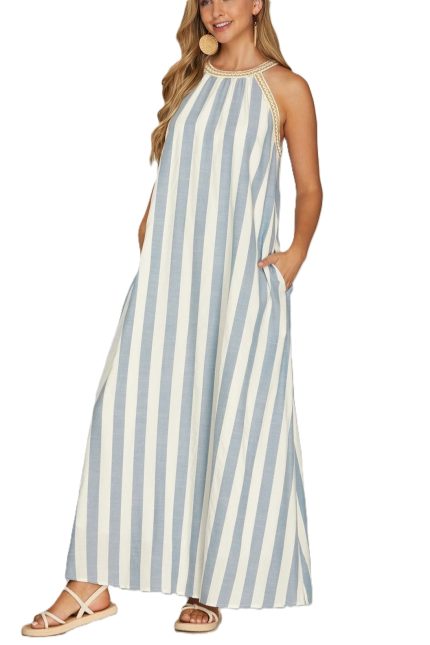 Halter Neck With Trim Stripe Woven A Line Maxi Dress