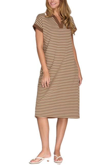 Knit Striped Collared Midi Dress
