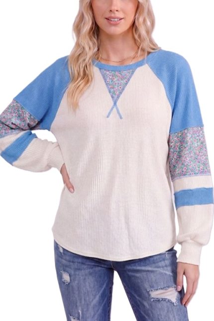 Floral Contrast Rib Knit Raglan Pullover