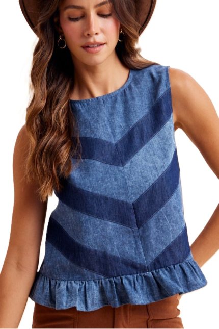 Chevron Color Block Denim Ruffle Hem Blouse