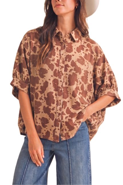 Oversized Cow Print Button Down Blouse