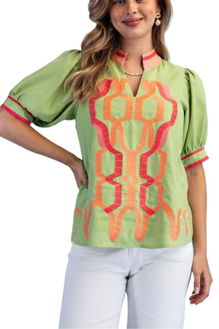 Embroidered Linen V-neck Top