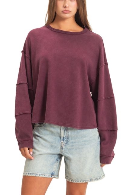 Mineral Wash Overzised Raw Edge Crew Neck Top